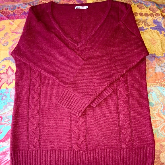 JustFab Deep V Neck Wine Colored Sweater - Picture 3 of 6